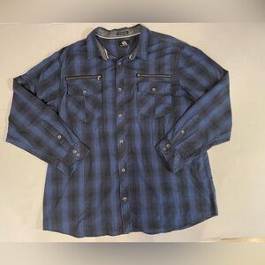 Rock & Republic Black & Blue Plaid Button Down Long Sleeve Shirt Zip Pockets XXL